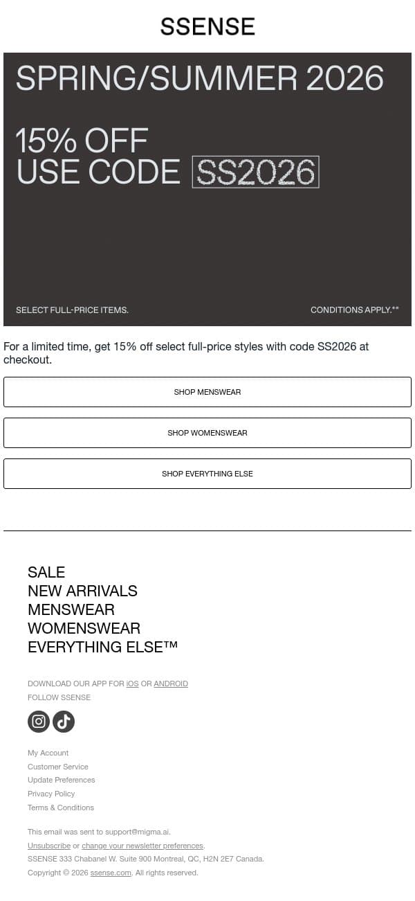 15% off Starts Now email from SSENSE screenshot