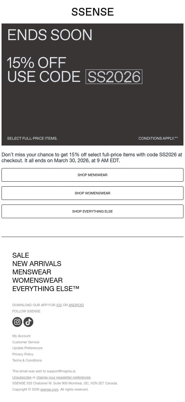 Final Hours for 15% Off email from SSENSE screenshot