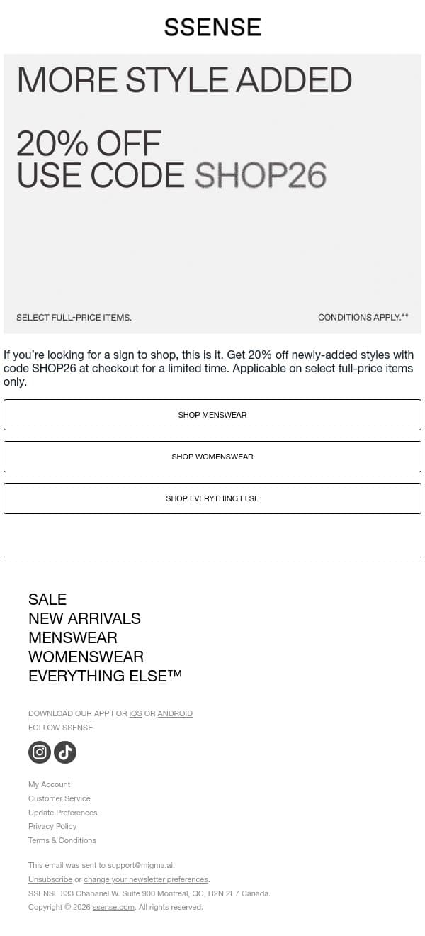 20% off expanded selection email from SSENSE screenshot