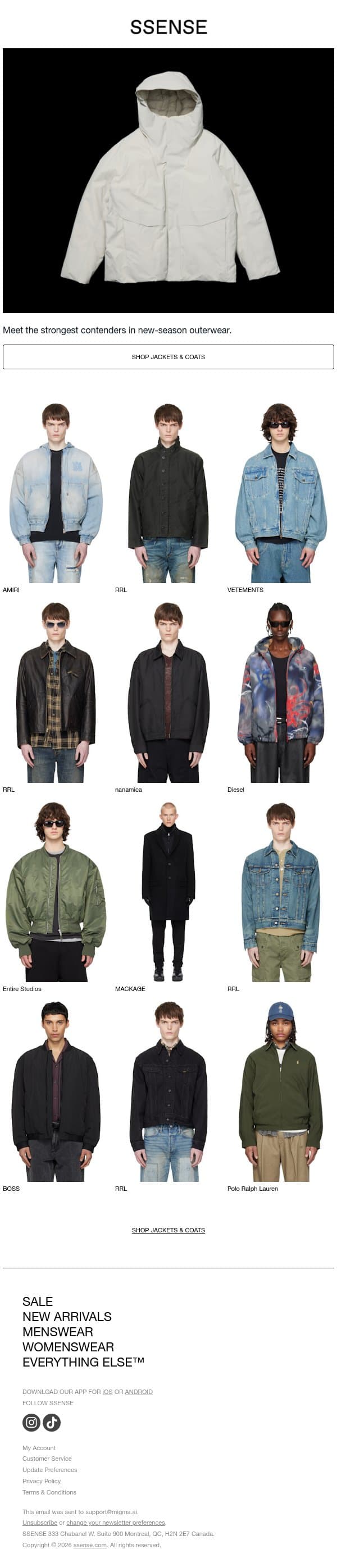 Outerwear Takes the Podium email from SSENSE screenshot