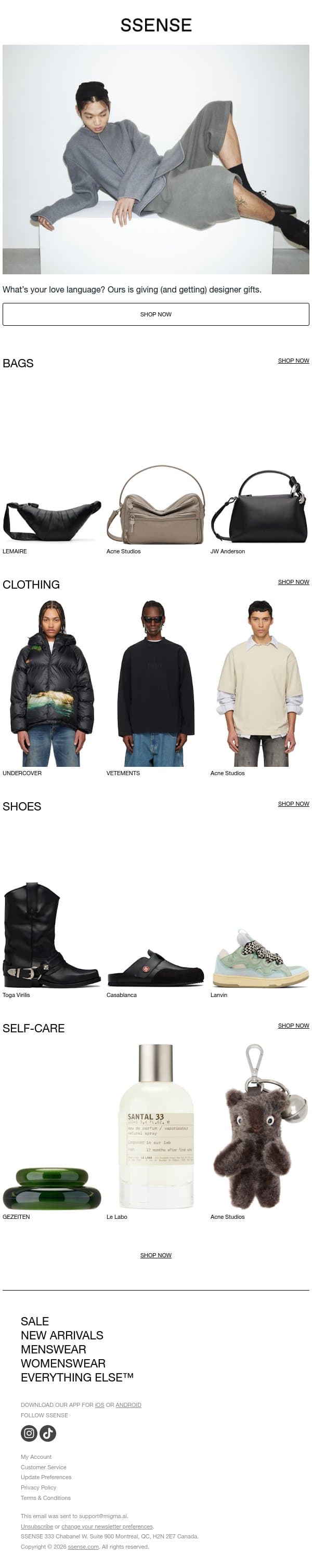 Self-Love Is Shopping on SSENSE email from SSENSE screenshot