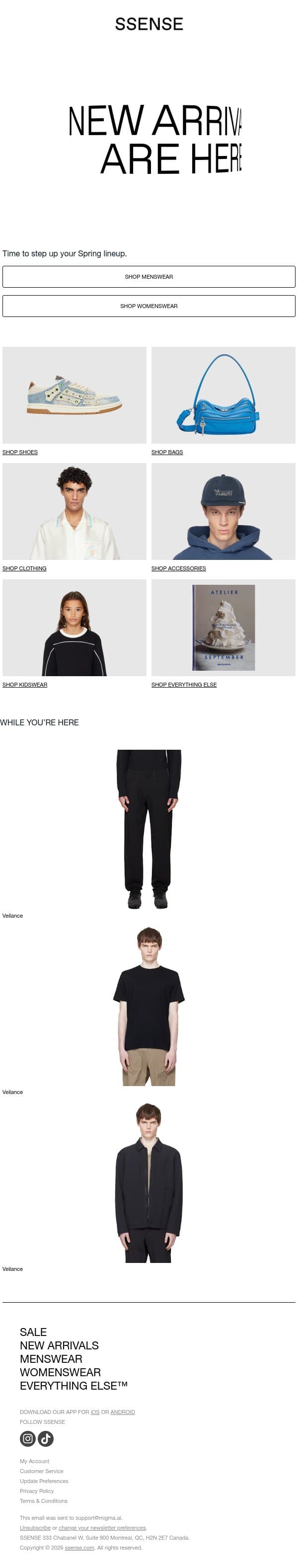 These New Arrivals Mean Business email from SSENSE screenshot