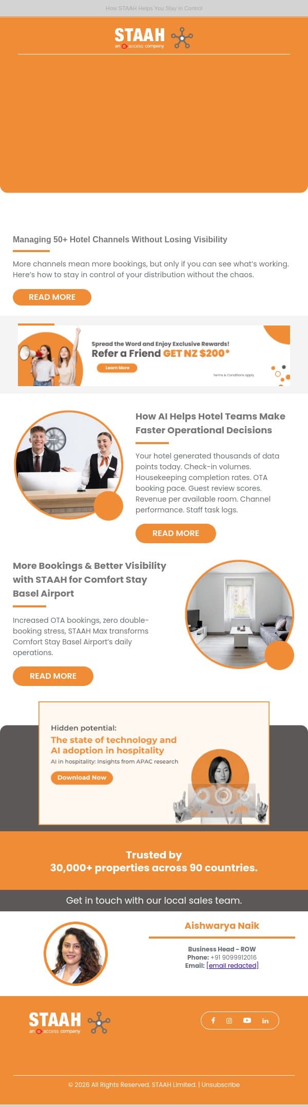 Managing 50+ Hotel Channels Without Losing Visibility email from STAAH screenshot
