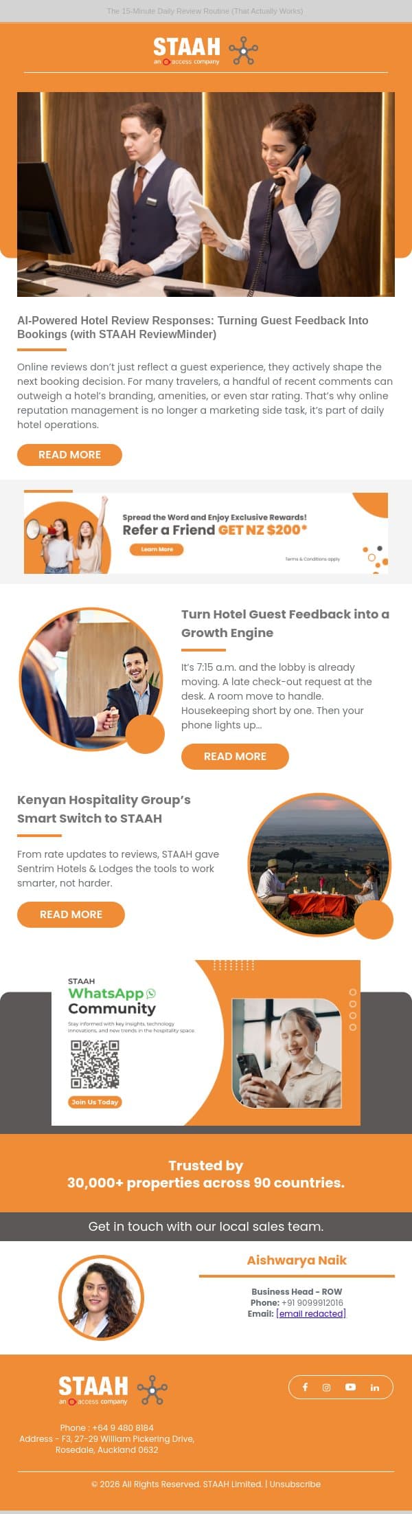 AI-Powered Hotel Review Responses: Turning Guest Feedback Into Bookings (with STAAH ReviewMinder) email from STAAH screenshot
