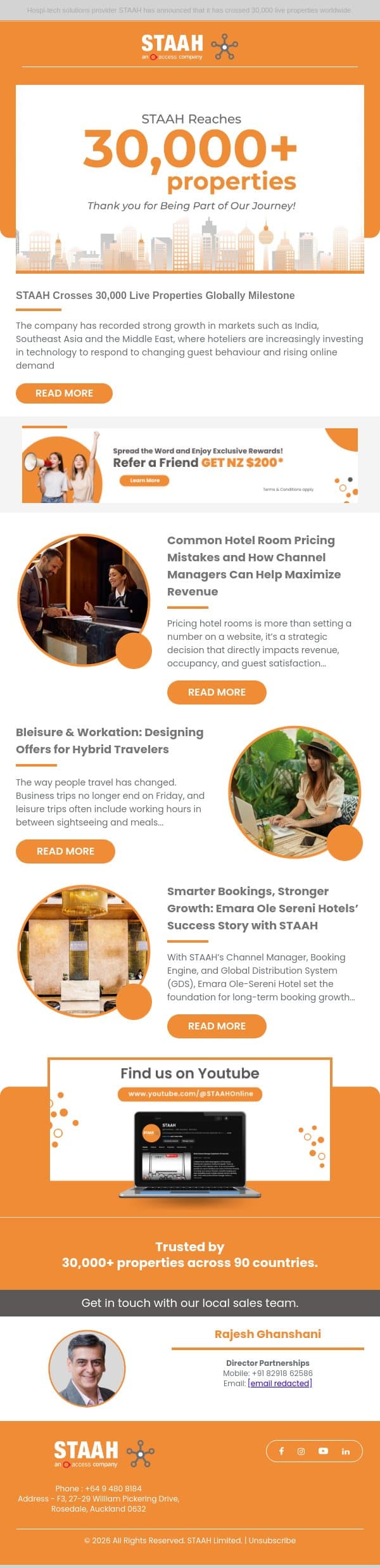 STAAH Crosses 30,000 Live Properties Globally Milestone email from STAAH screenshot
