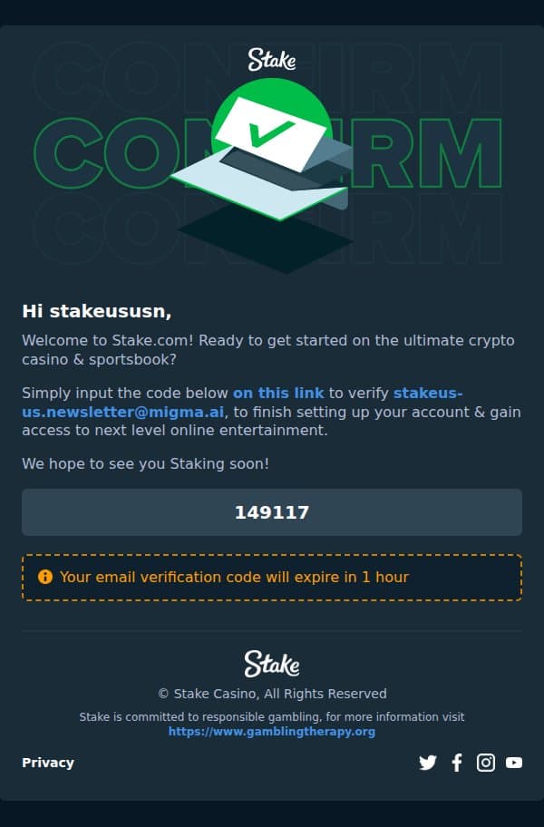 stakeususn, welcome to Stake.com! email from Stake.us screenshot