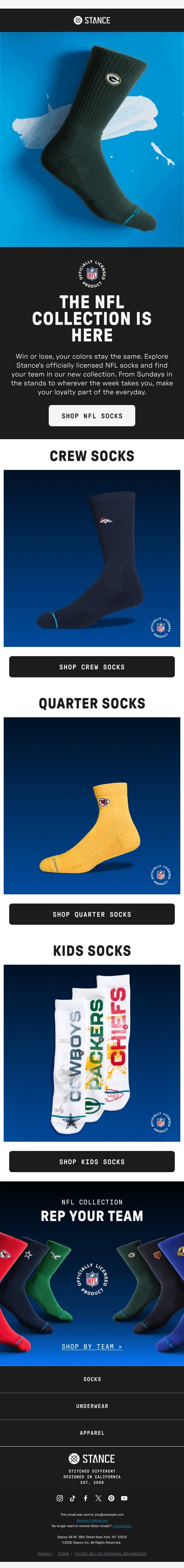 The NFL Collection is here. email from Stance screenshot