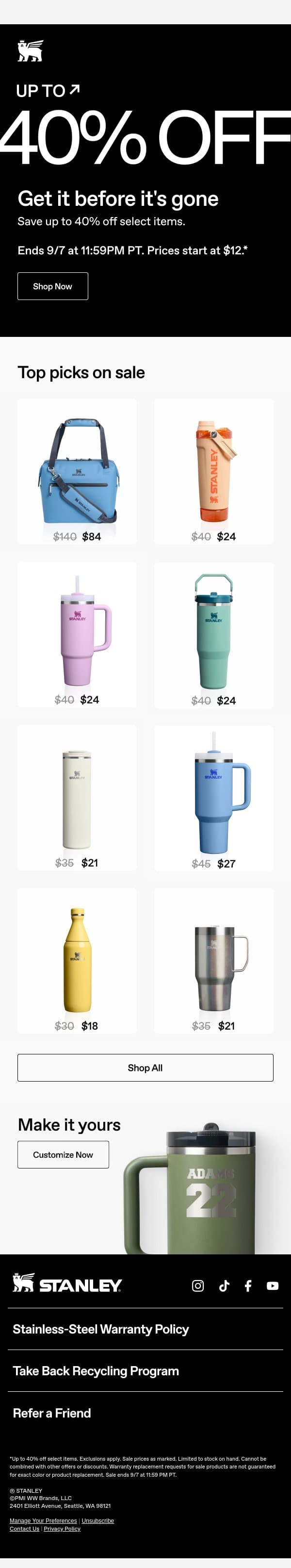 Up to 40% Off. Don't Miss It. email from Stanley screenshot