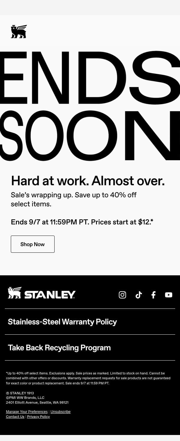 Sale Almost Over email from Stanley screenshot