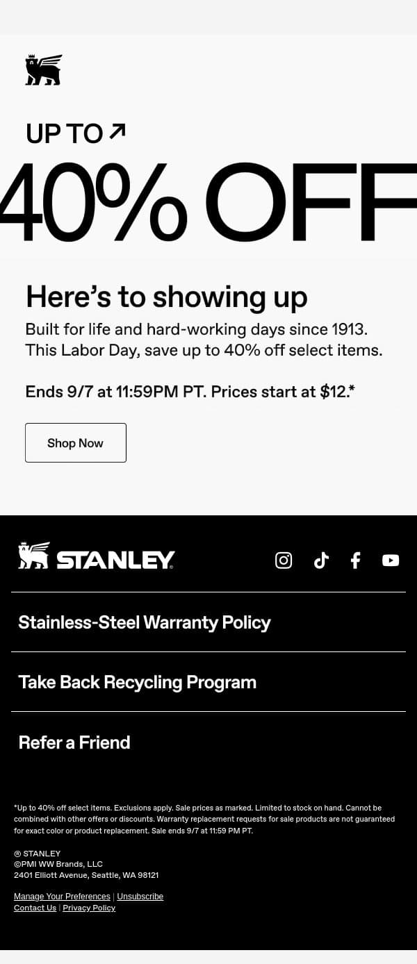 Up to 40% Off Starts Now email from Stanley screenshot