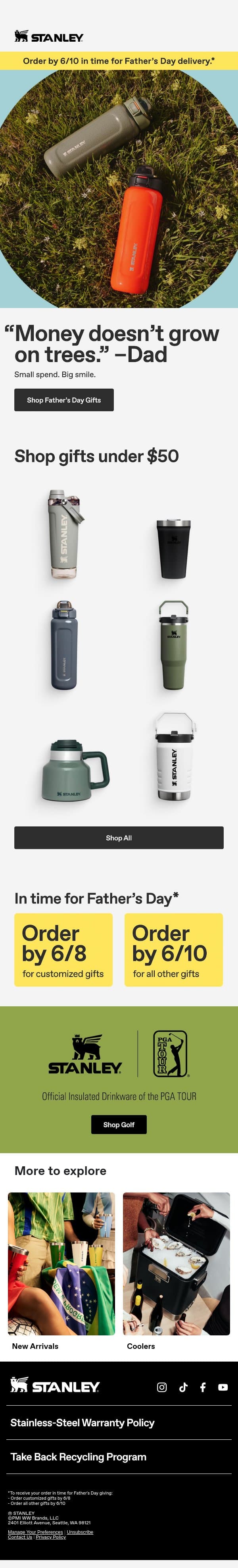 Father's Day Gifts Under $50 email from Stanley screenshot