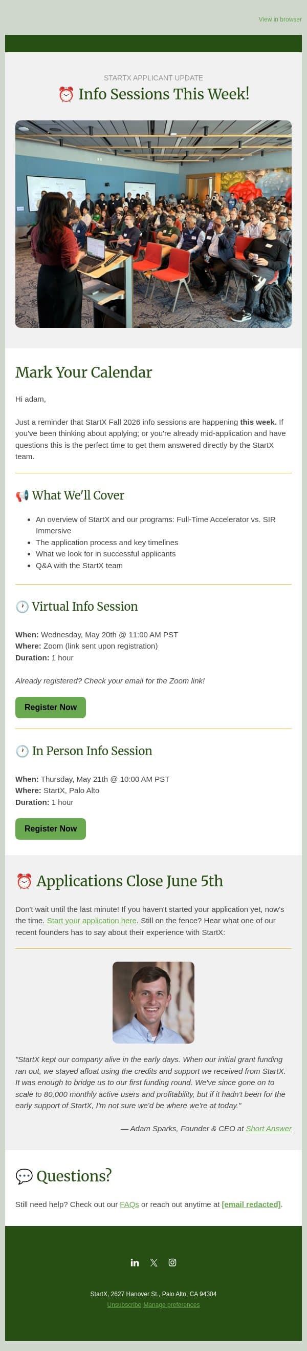 ⏰ Reminder: StartX Applicant Info Sessions This Week! email from StartX screenshot