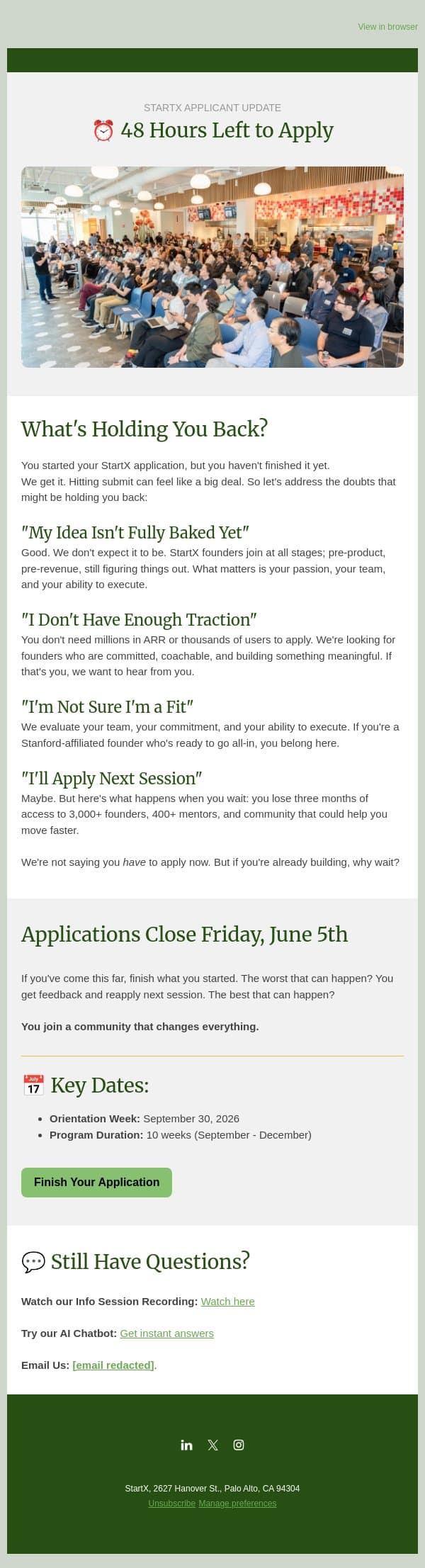 48 Hours Left: Let's Talk About What's Holding You Back email from StartX screenshot