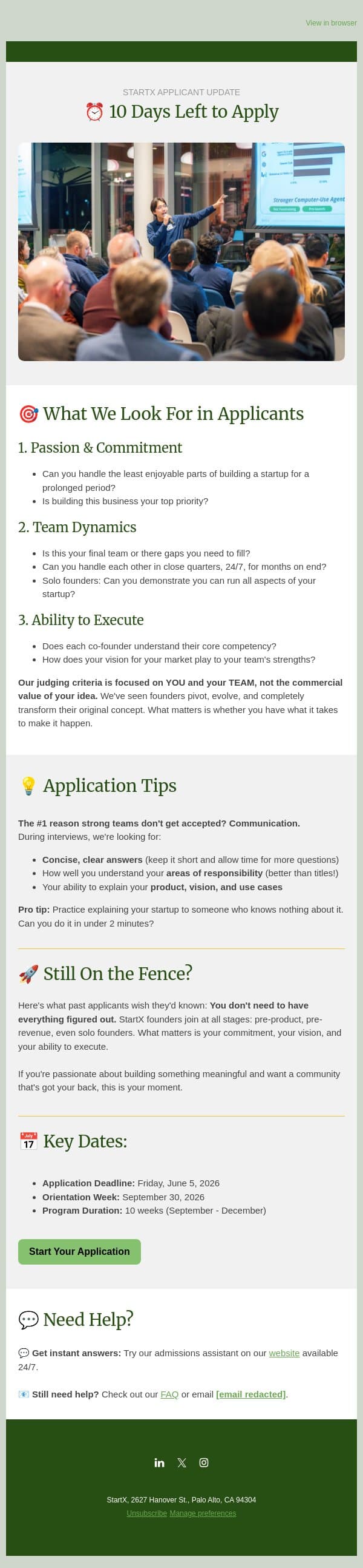 10 Days to Apply: Here's What We're Looking For email from StartX screenshot