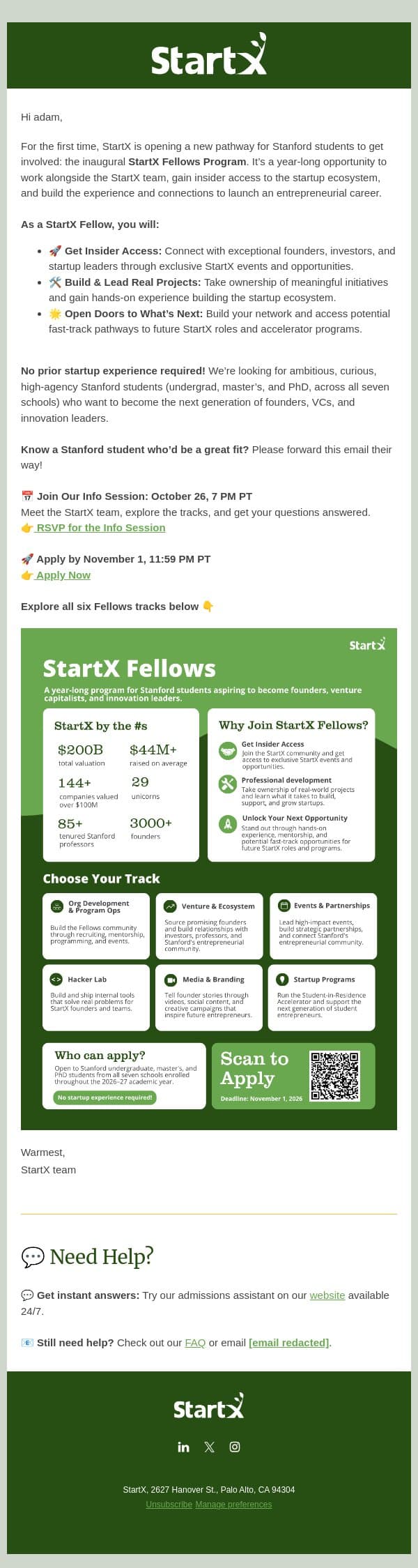 StartX Fellows Applications NOW OPEN | Your Launchpad into Startups & VC email from StartX screenshot