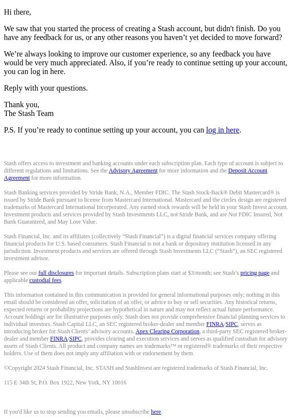 Want to chat about your Stash setup? email from Stash screenshot