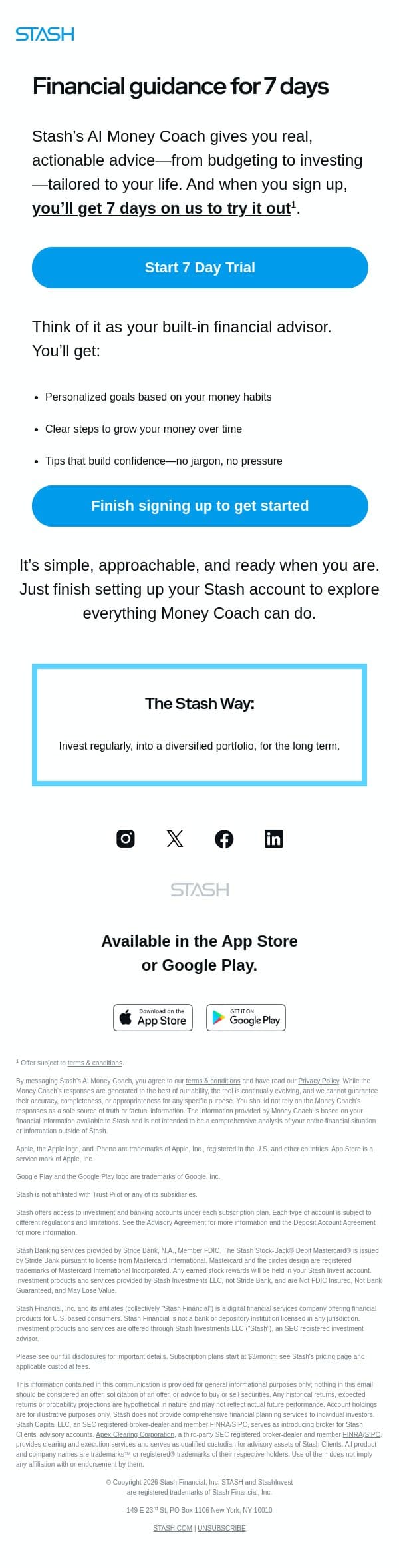 7 days of expert money guidance - on us email from Stash screenshot
