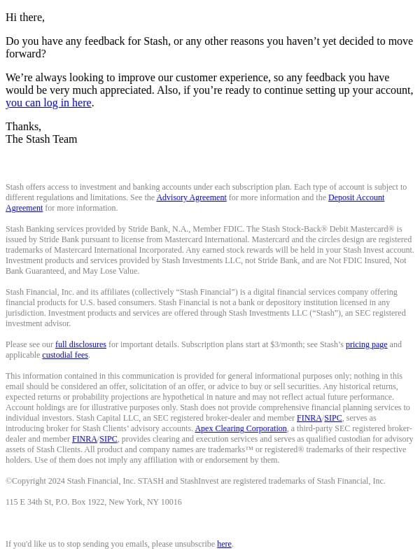 Checking in—any questions for us? email from Stash screenshot