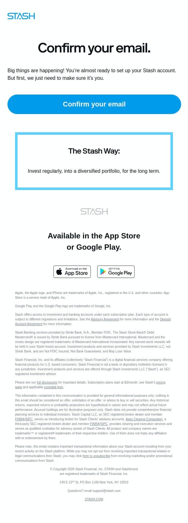 Confirm your email with Stash. email from Stash screenshot