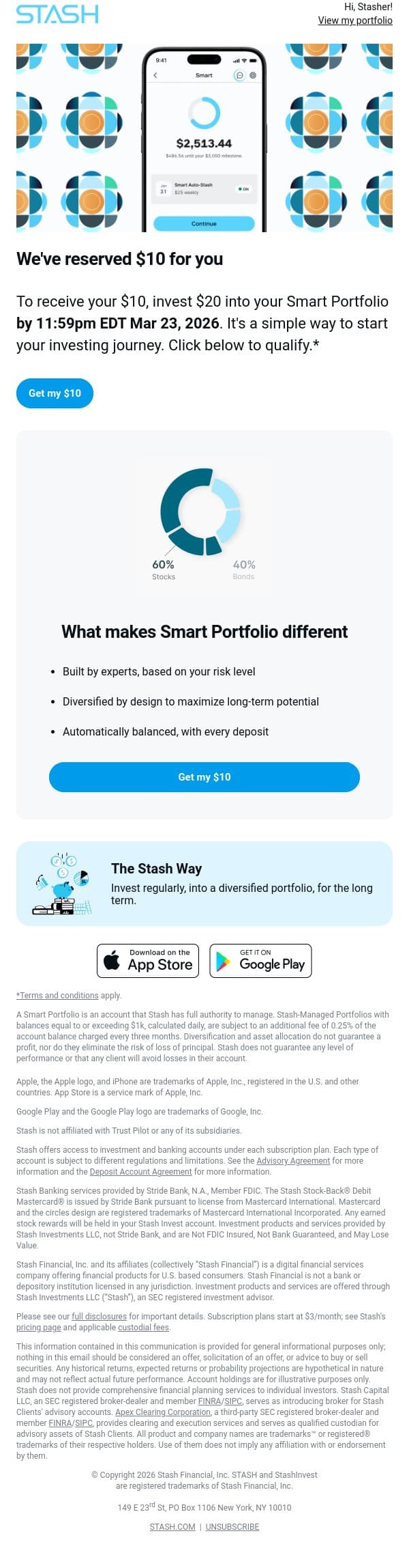 We’ve reserved $10 for you email from Stash screenshot