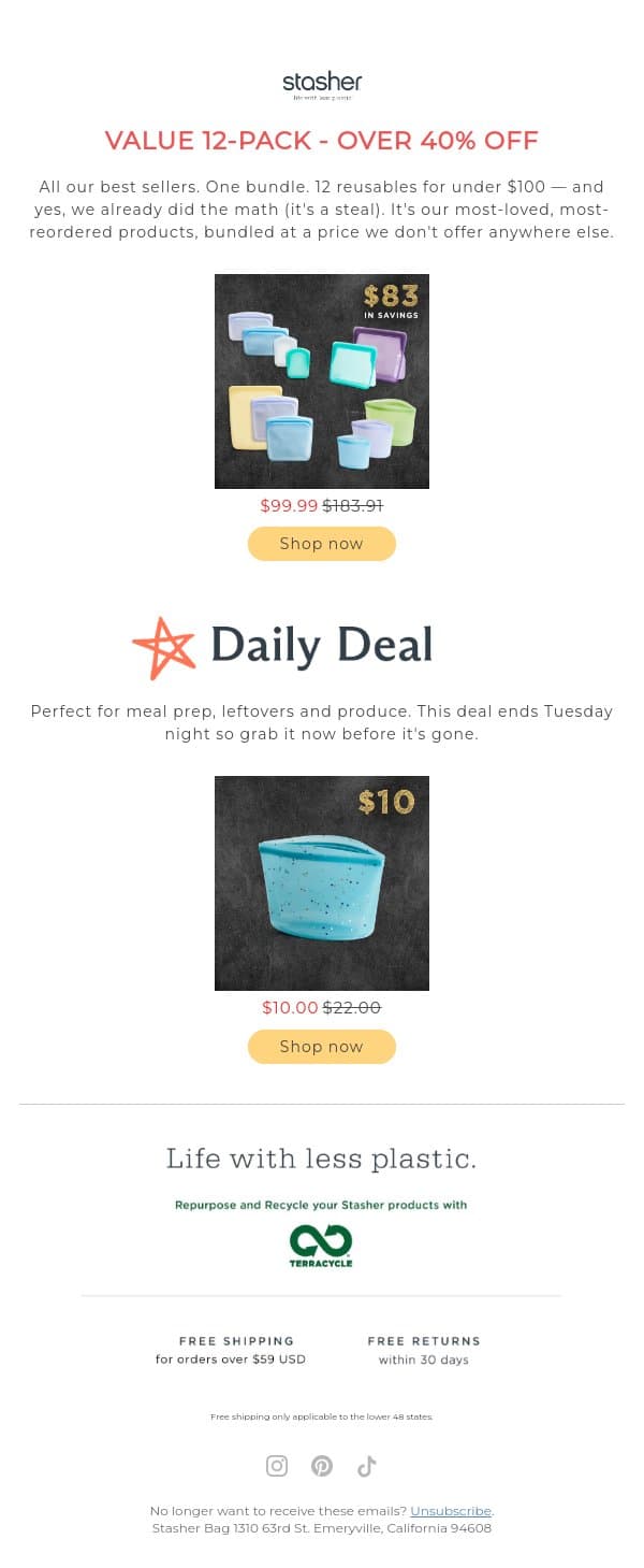 40% off. 12 reusables. Under $100. 👀 email from Stasher screenshot