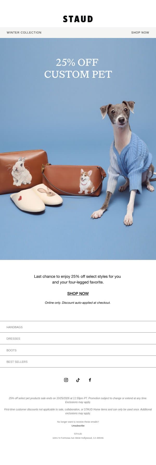 THE CUSTOM PET SALE ENDS TODAY email from Staud screenshot