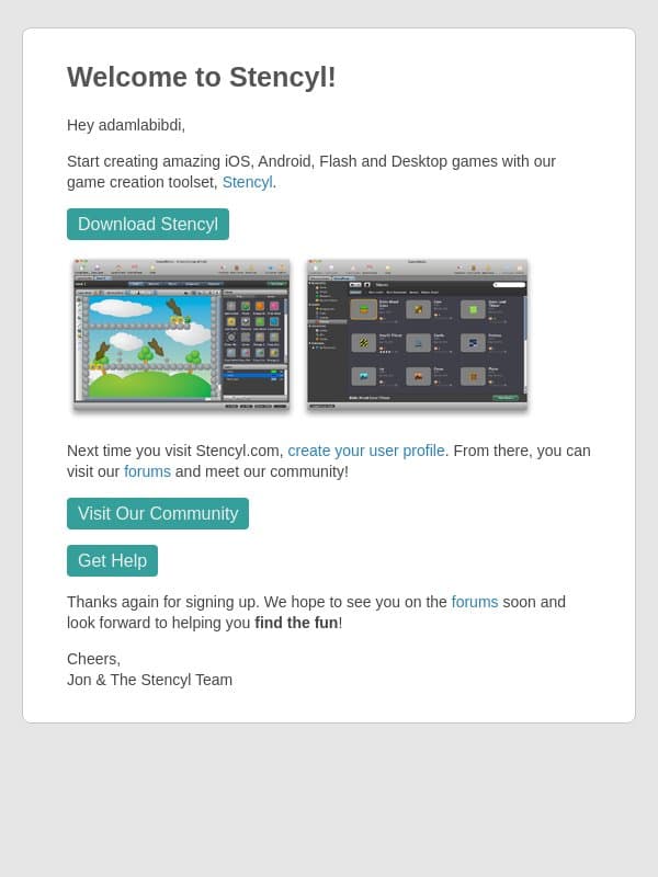 Welcome to Stencyl! email from Stencyl screenshot
