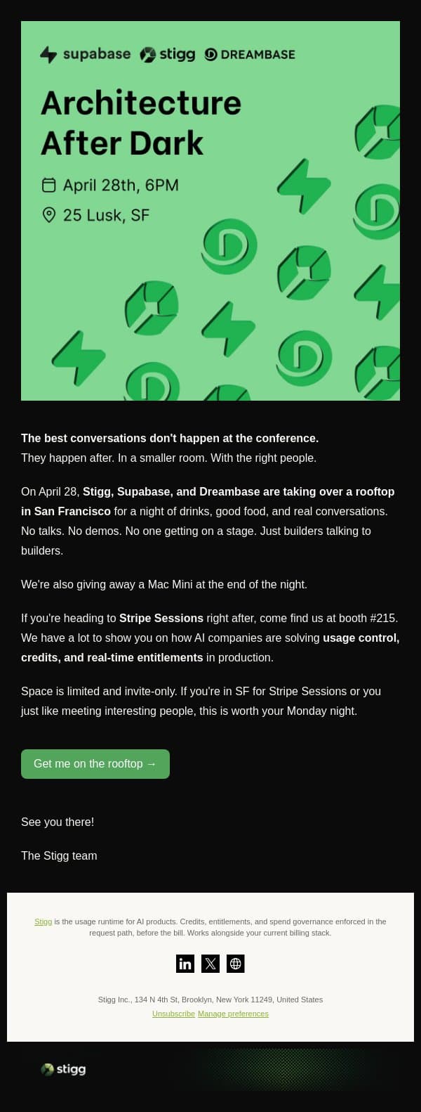 Engineers only. SF rooftop Monday. Stripe Sessions Tuesday. email from Stigg screenshot
