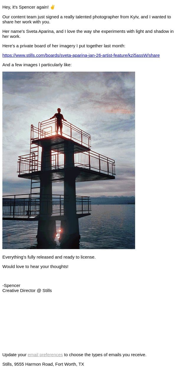 One of my new favorite photographers email from Stills screenshot