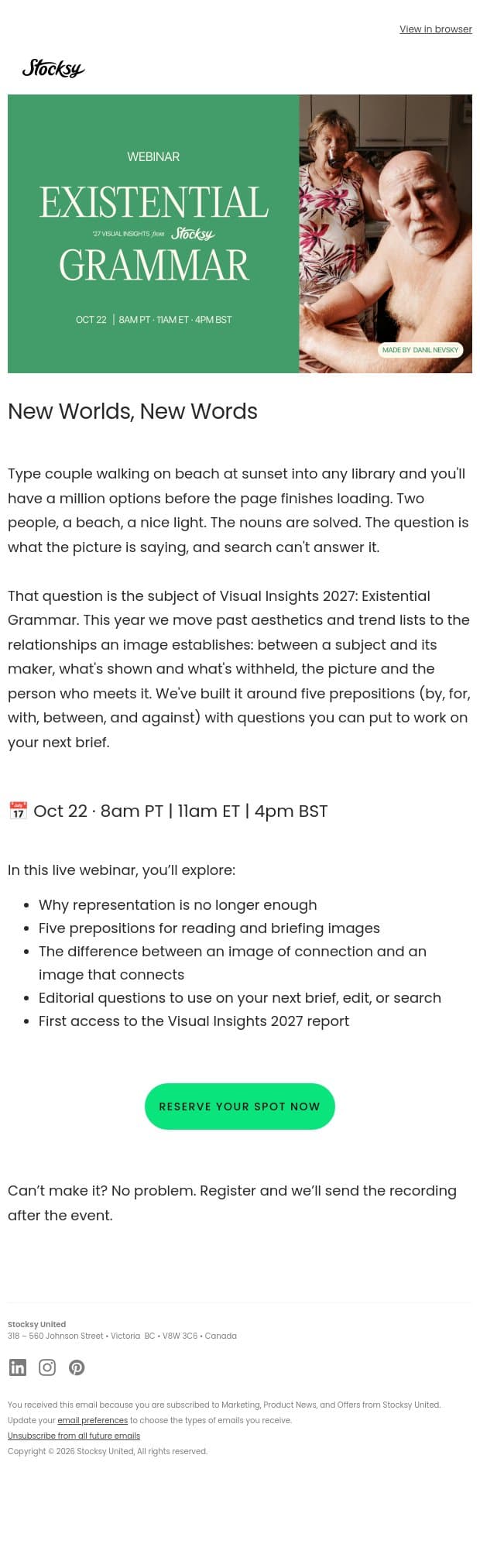 Visual Insights 2027: Existential Grammar, Live Oct 22 email from Stocksy screenshot