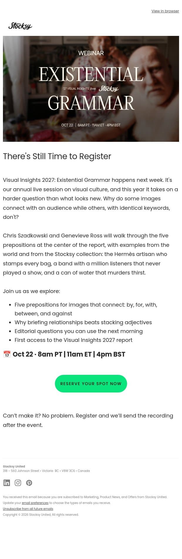 Reminder: Your invite to Visual Insights 2027 Webinar email from Stocksy screenshot