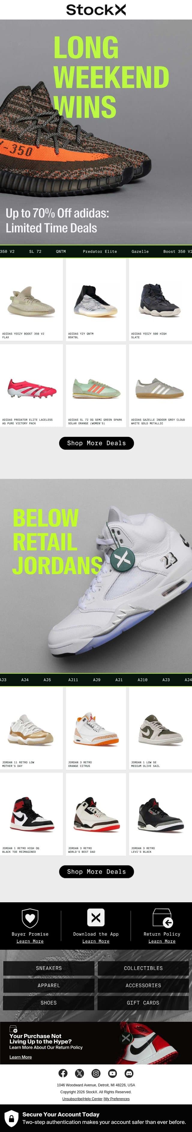 Below Retail: adidas & Jordan Steals email from StockX screenshot