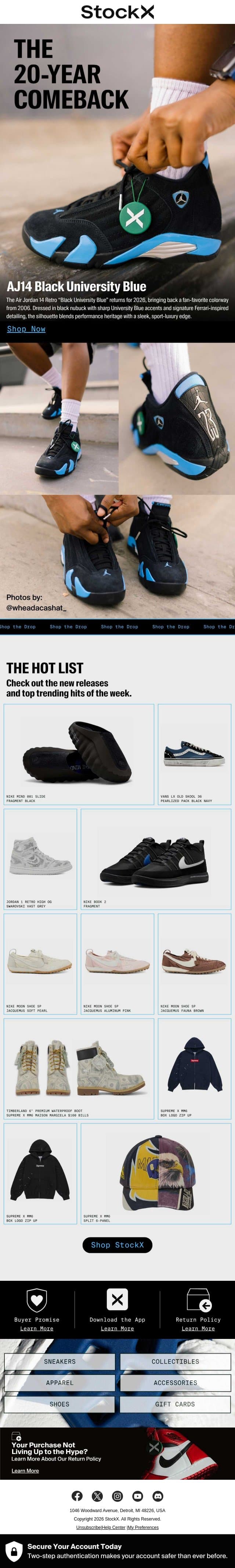AJ14 Black University Blue Is Back email from StockX screenshot