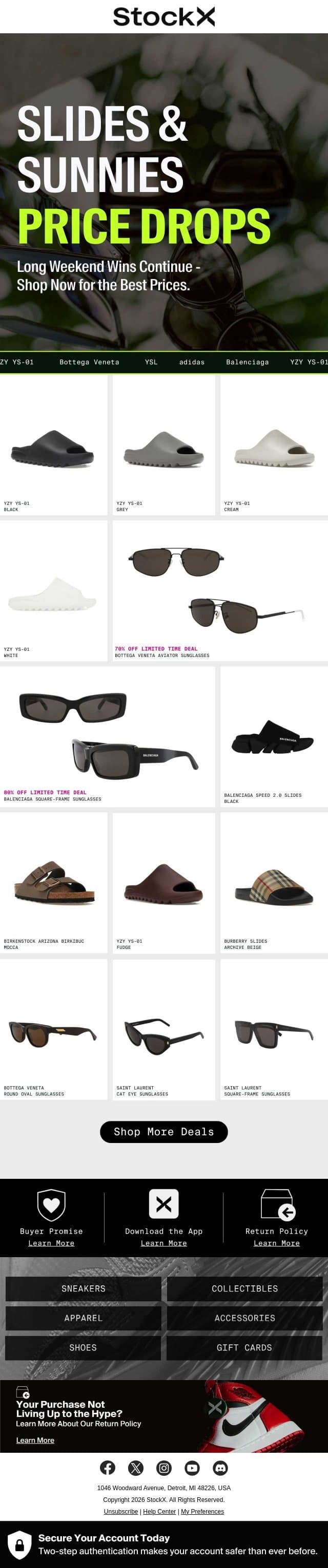 Price Drop: Slides & Sunglasses email from StockX screenshot