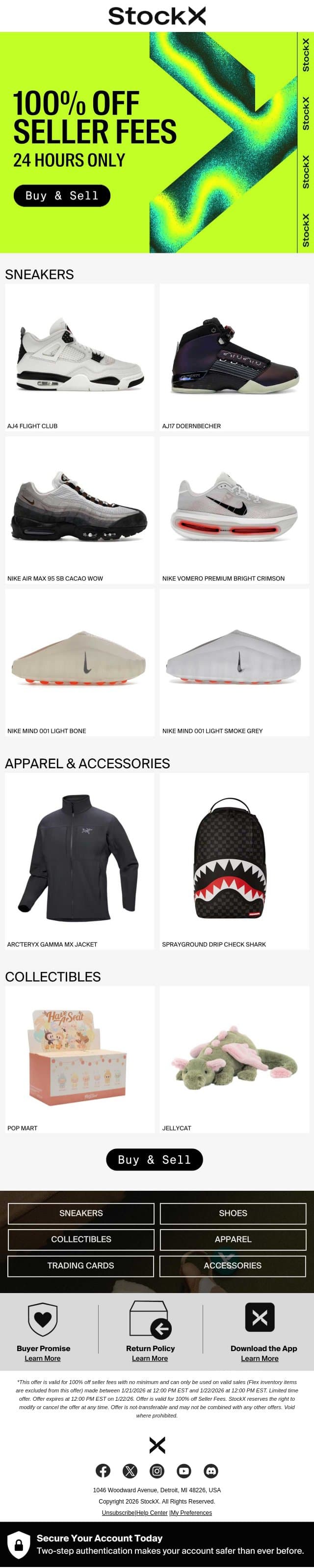 100% Off Seller Fees for 24 Hours email from StockX screenshot