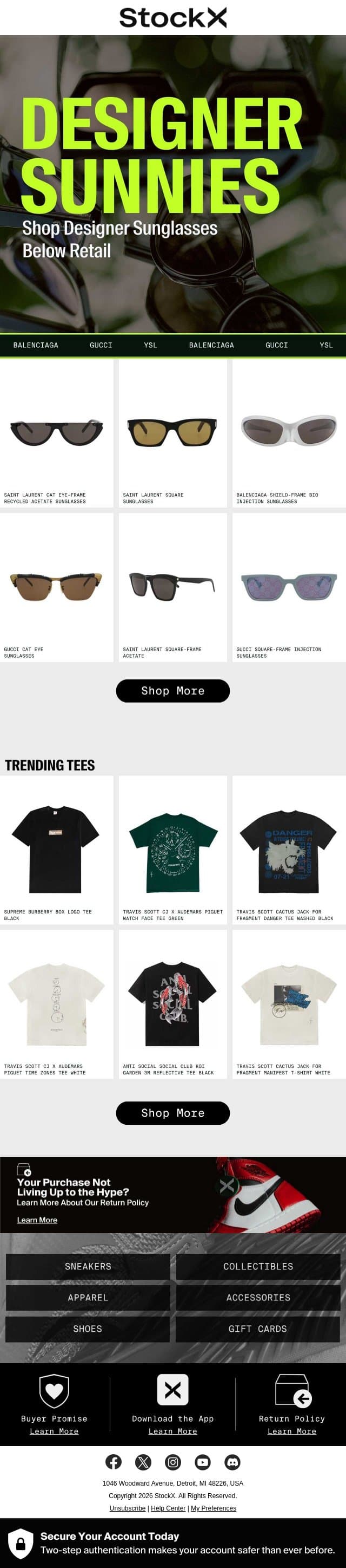 Sunglasses Below Retail 😎 email from StockX screenshot