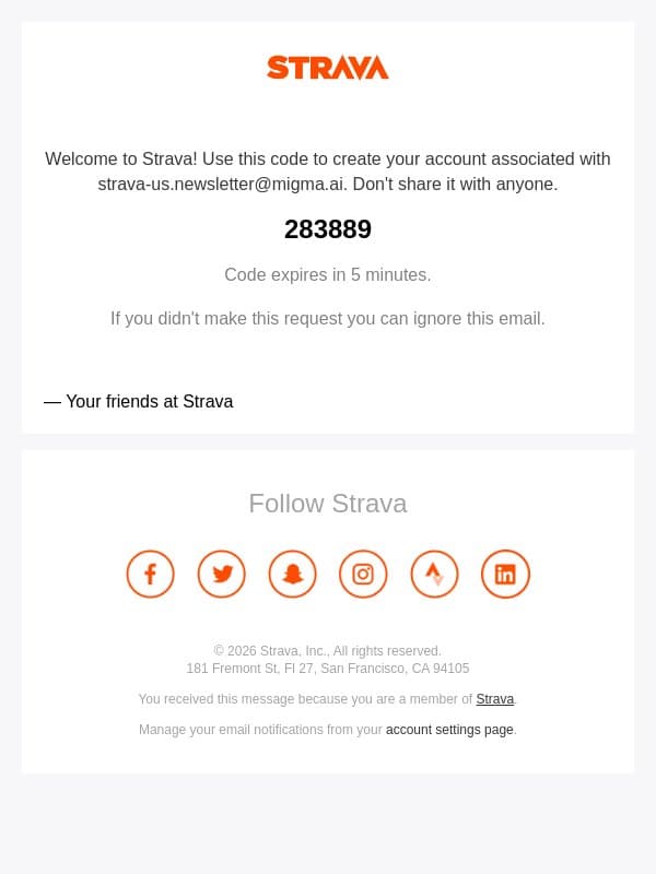 Your one-time code email from Strava screenshot