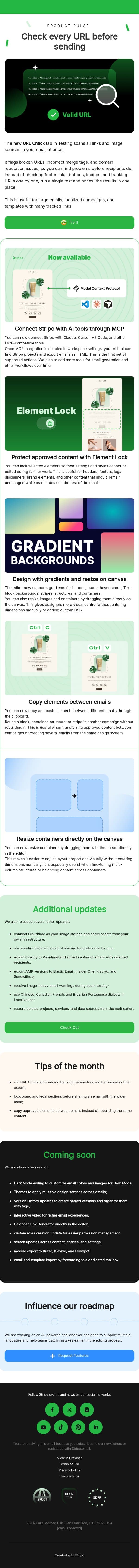 Catch broken links with URL check and connect AI via MCP email from Stripo screenshot