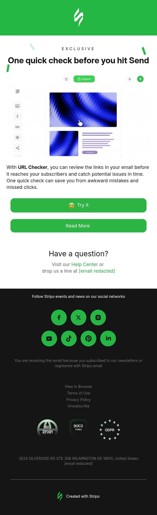 Broken links? Catch them before your subscribers do email from Stripo screenshot