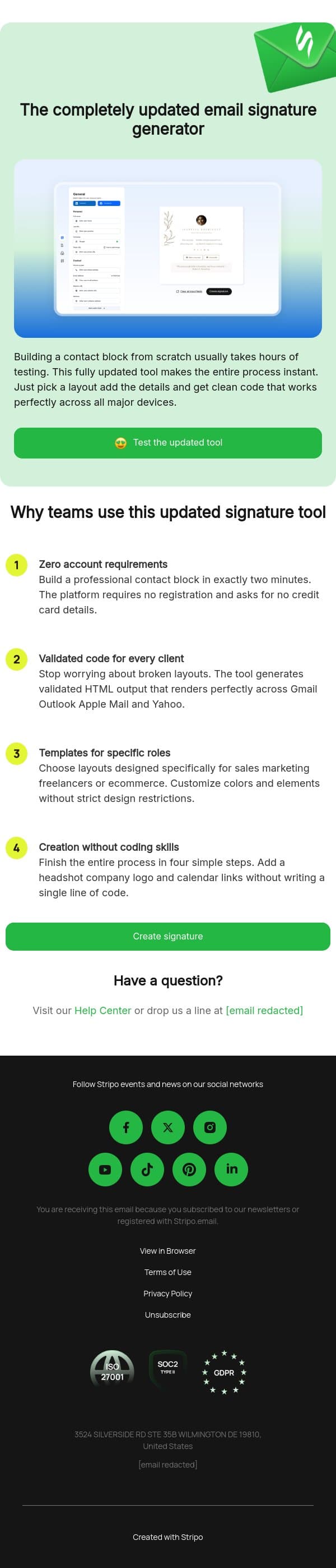 Free email signature generator with validated HTML code email from Stripo screenshot