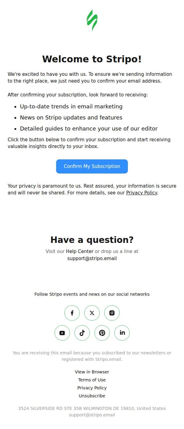 Welcome to Stripo! Confirm Your Email Subscription email from Stripo screenshot