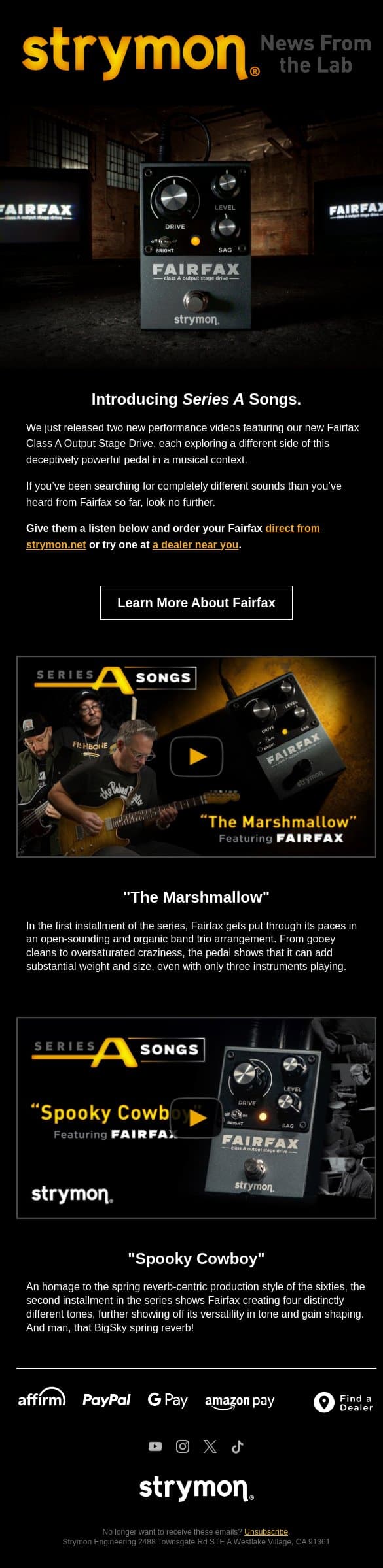 Listen to Fairfax in Action! email from Strymon screenshot