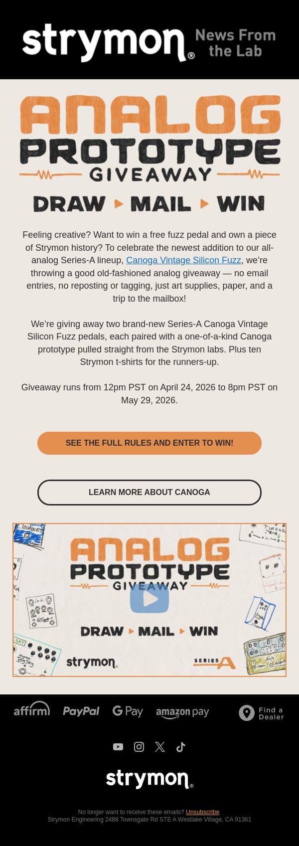 Win A Free Pedal + Rare Prototype! email from Strymon screenshot