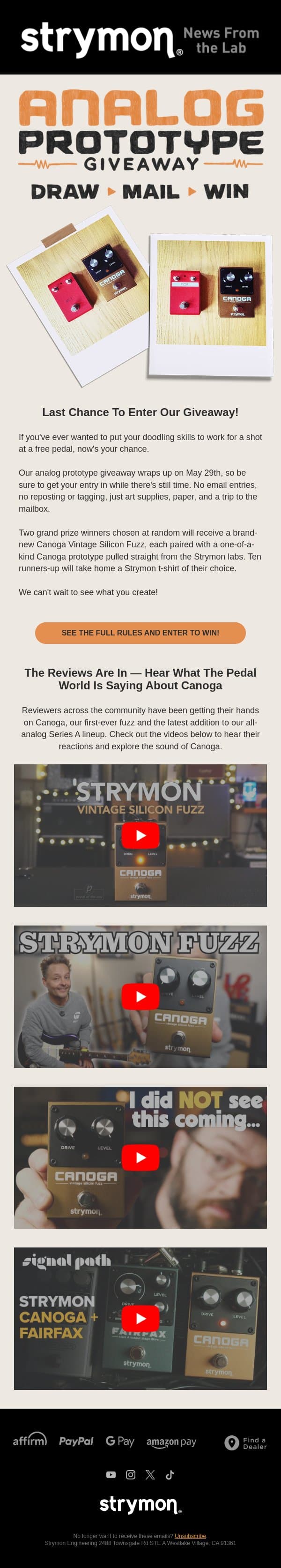 Last Chance To Win A Free Pedal 🎛️ email from Strymon screenshot