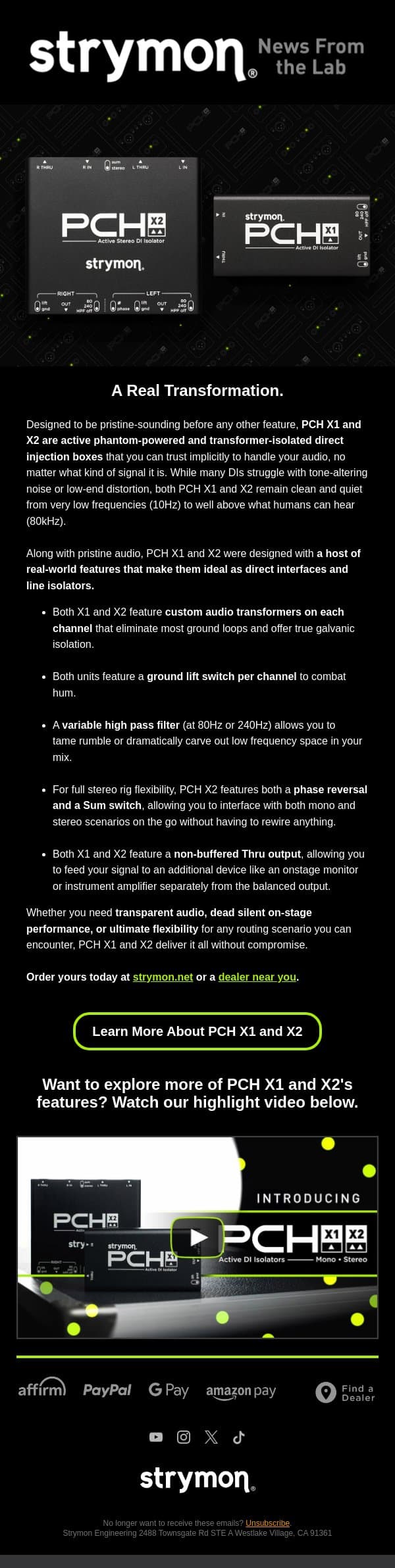 New Release! Introducing PCH X1 and X2. email from Strymon screenshot