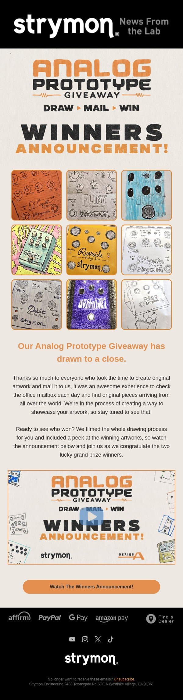 Announcing Our Giveaway Winners email from Strymon screenshot