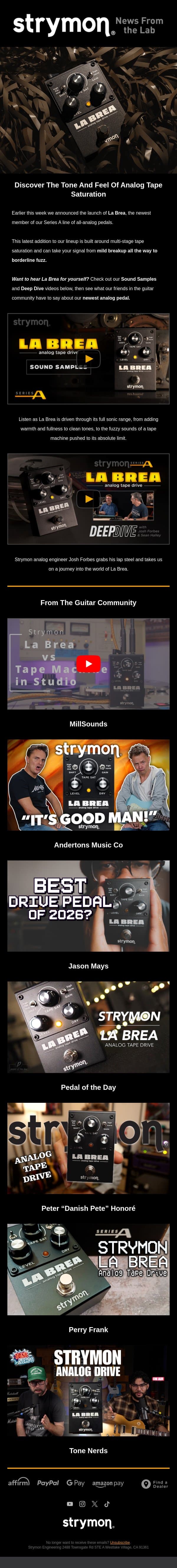 The Sound of La Brea: Hear Our Latest Pedal In Action email from Strymon screenshot