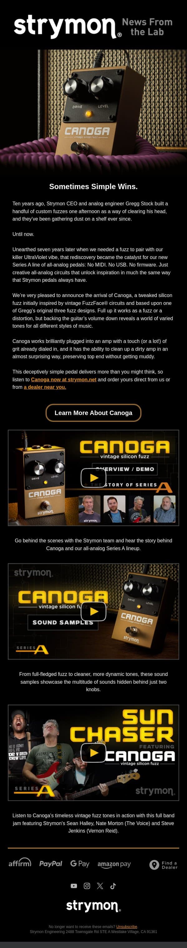 Introducing our newest Series A addition, Canoga Vintage Silicon Fuzz. email from Strymon screenshot