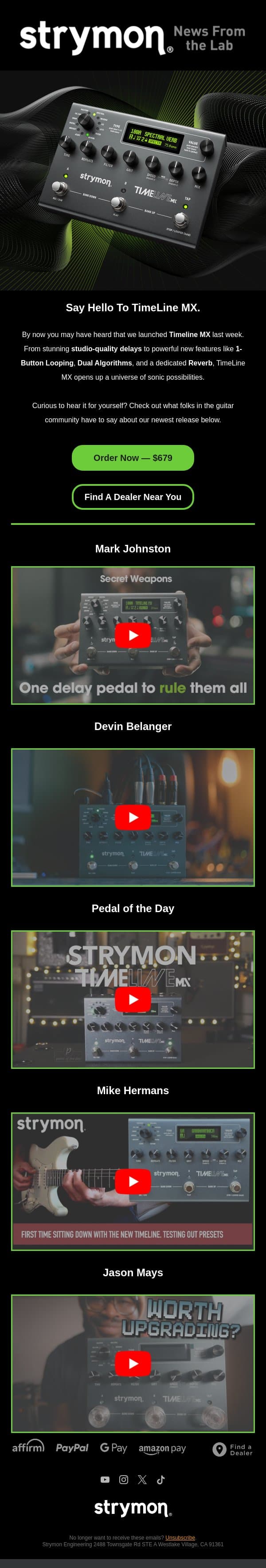 TimeLine MX Has Arrived. email from Strymon screenshot