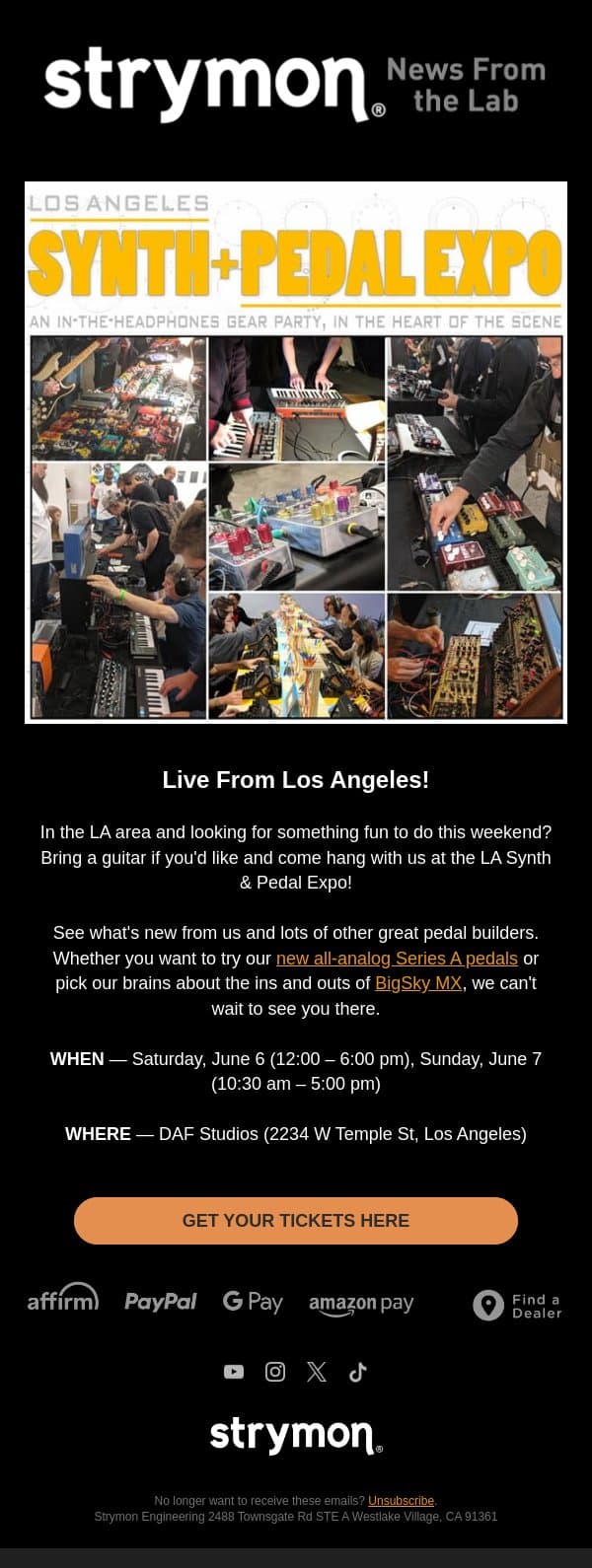 Hang Out With Us In Los Angeles This Weekend email from Strymon screenshot